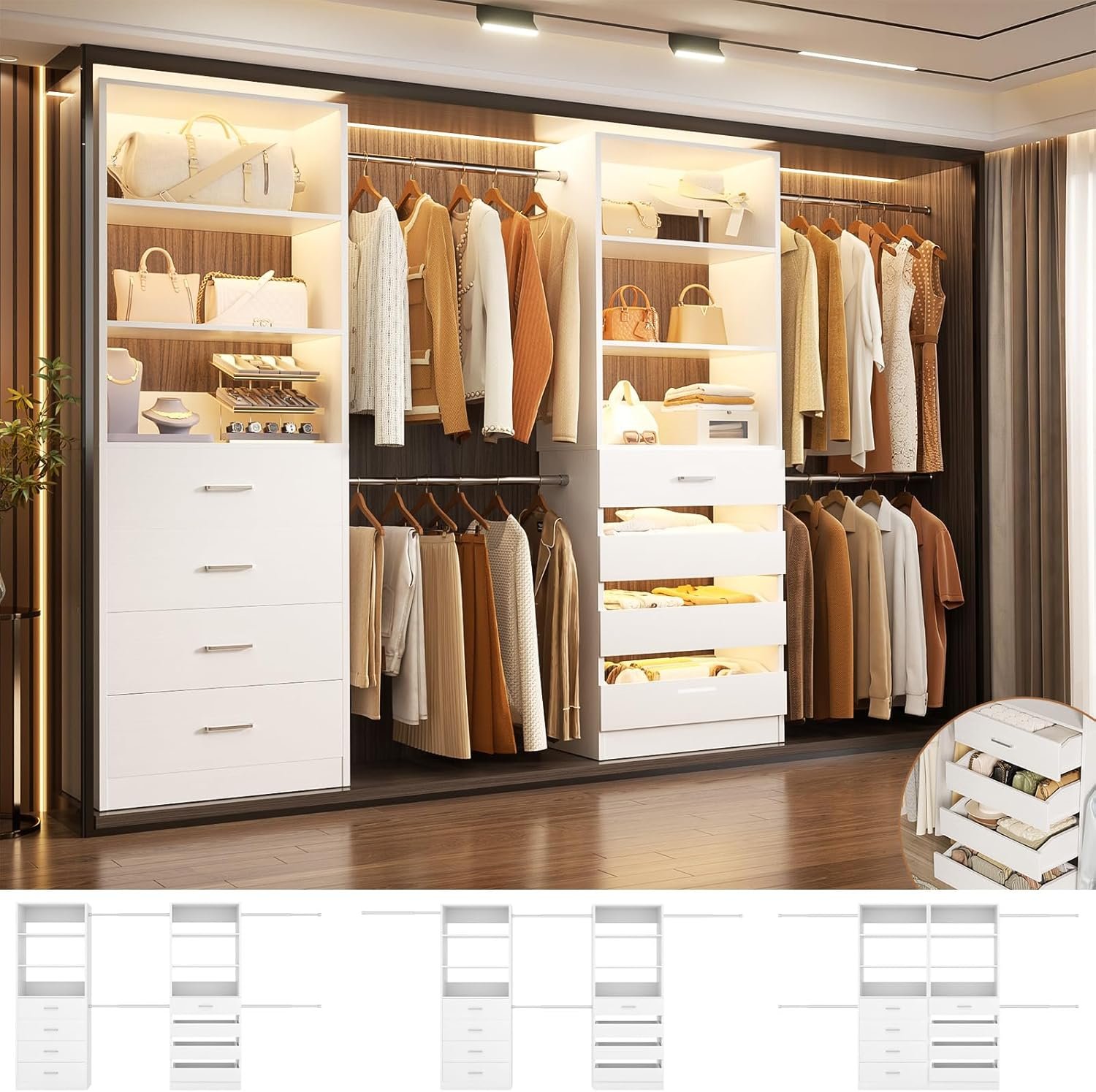 Aheaplus Closet System, 6-15Ft Closet Organizer with 8 Wooden Drawers, Wood Closet Organizer System with Tower, Walk-in Closet Organizer Wardrobe Clothes Rack with 4 Hanging Rods, Garment Rack, White