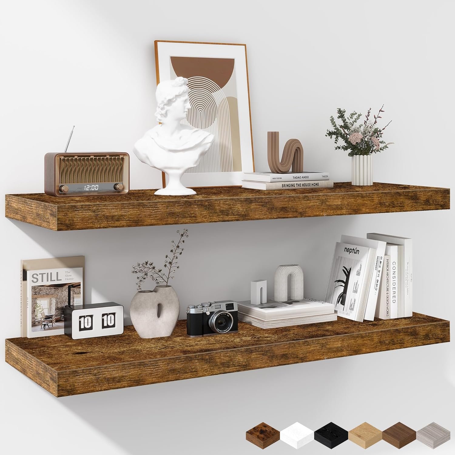 Fun Memories Floating Shelves – 2 Pack 12 Inch Rustic Wooden Wall Shelves – Extra Deeper & Thicker Wall Mounted Storage Shelf for Living Room, Kitchen, Farmhouse – 36″ W x 12″ D x 1.8″ H – Brown