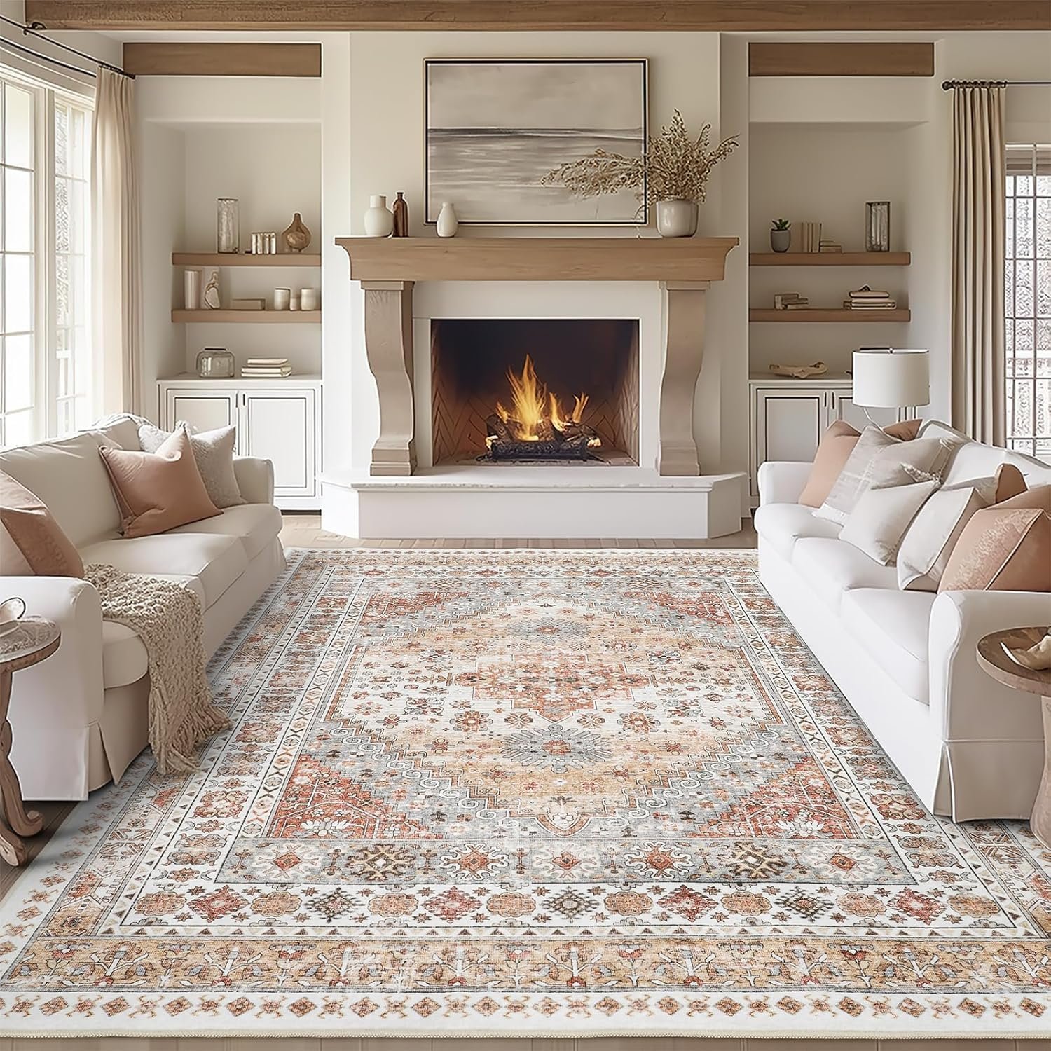 zesthome 8×10 Area Rugs for Living Room,Non-Slip Backing Washable Rugs,Vintage Large Area Rug，Stain Resistant Home Decor Rug (Orange,8’x10′)