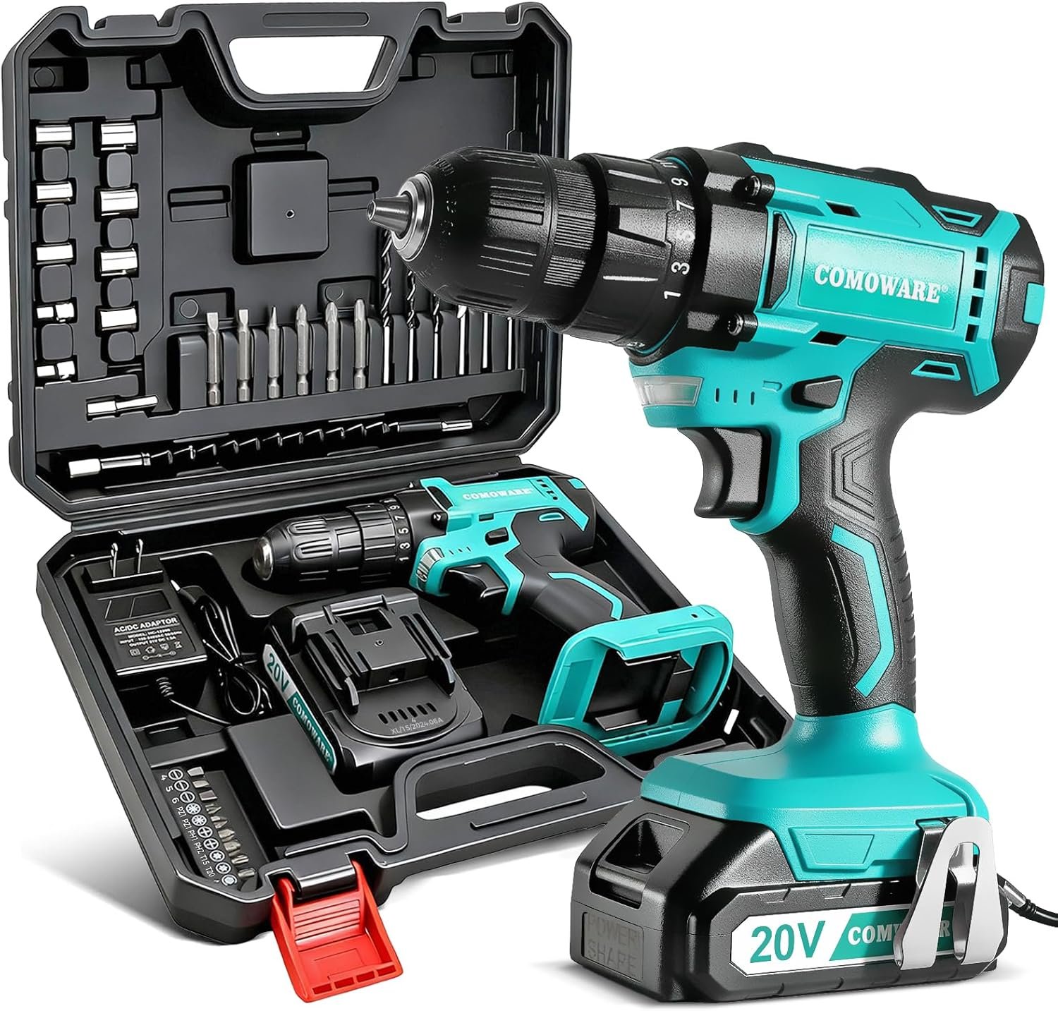 COMOWARE 20V Cordless Drill, Electric Power Drill Set with 1 Battery & Charger, 3/8″ Keyless Chuck, 2 Variable Speed, 266 In-lb Torque, 25+1 Position and 34pcs Power/Driver Bits