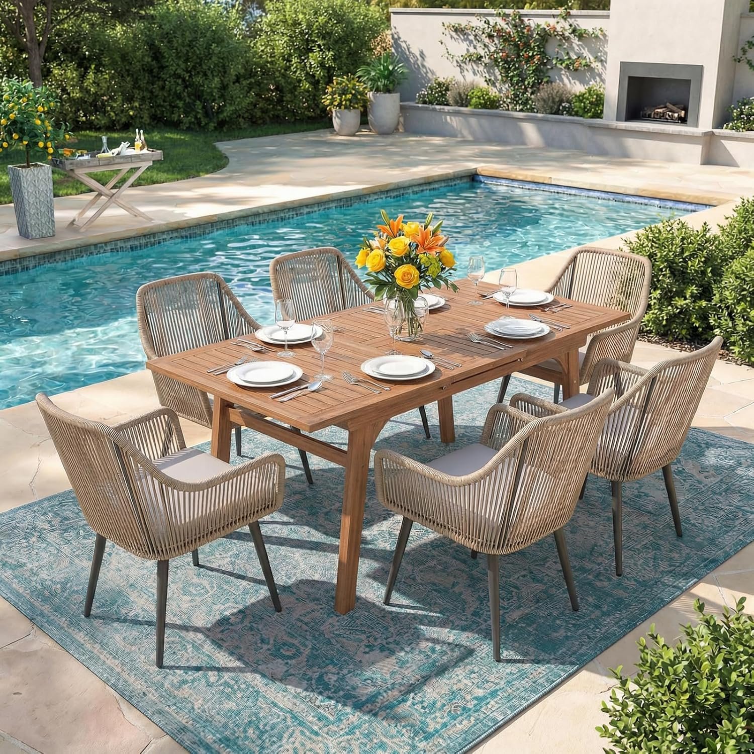 Patiorama 7-Piece Outdoor Dining Set, Patio Wicker Dining Table Chair Set with 55″-71″ Acacia Wood Expandable Table & Twisted Rattan Rope Chairs, All-Weather Dining Furniture Set for Yard Garden, Tan