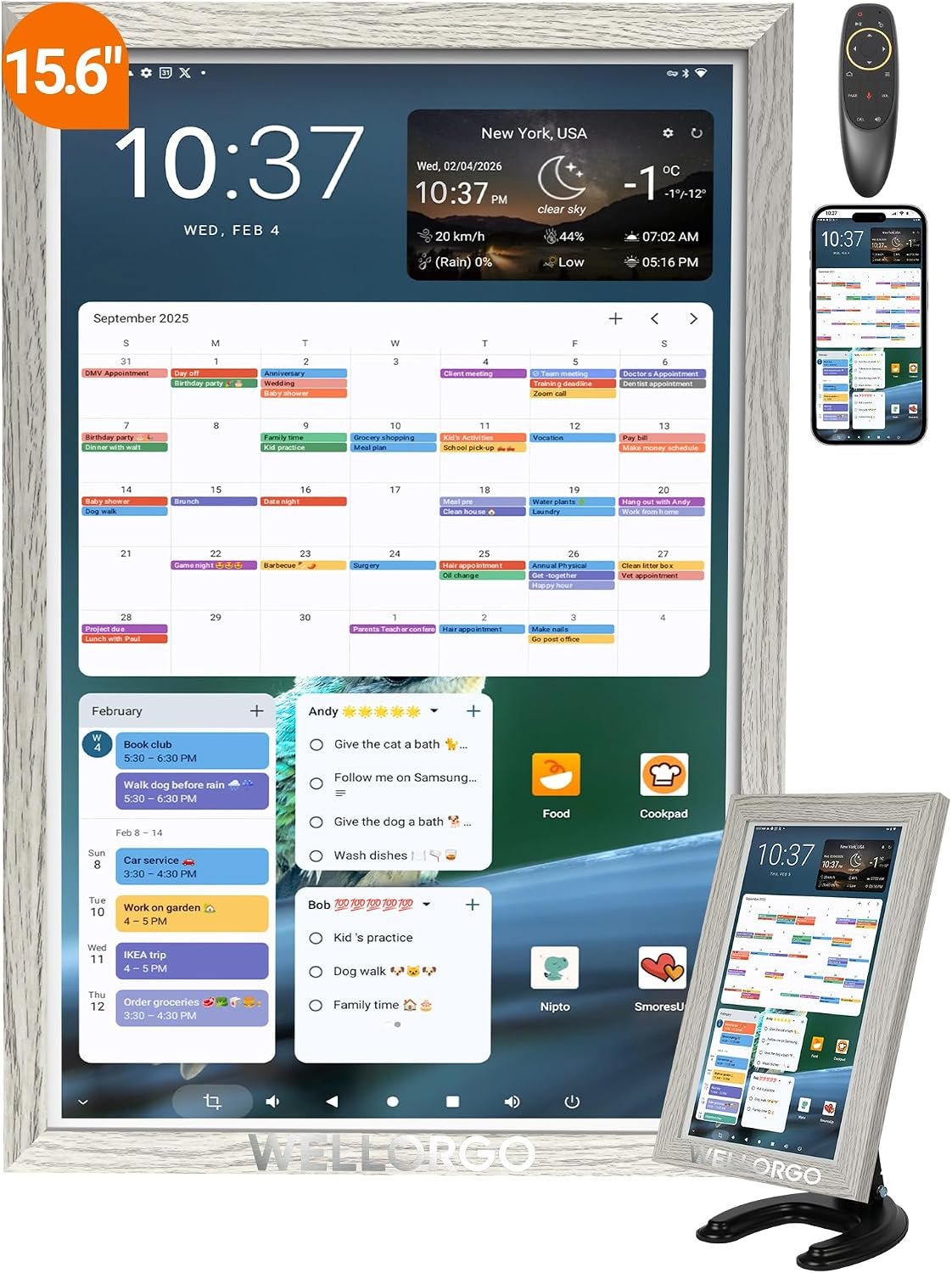 Smart Digital Calendar，15.6” smart Planner Touch Screen with Chores Chart/Meal Plan/Streaming Services/Photo Display，Electronic Calendar with Google Play/Calendar Sync/Remote Control
