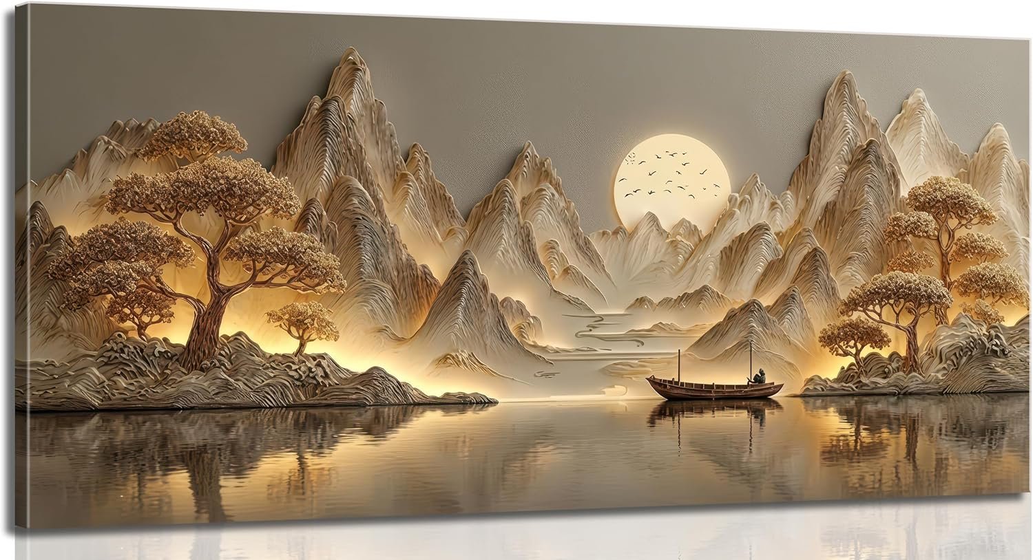 3D Texture Large Landscape Sunrises Sunset Canvas Wall Art Abstract Mountains Lake Tree Painting Picture Wall Decor Modern Nature Scenery Poster Print Artwork for Living Room Office Home Decoration