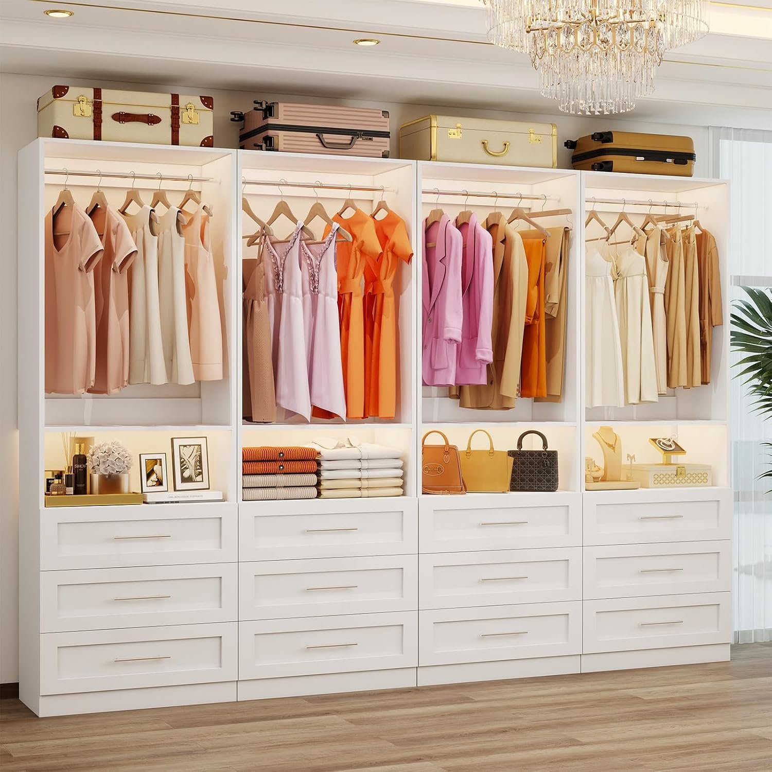 Closet System with 4 Sets, 8FT-21FT Customizable Closet Organizer System with 12 Drawers &4 Shelves & 8 Hanging Rods, Freestanding Closet Storage System, Modular Tower L-Shaped Walk-in Closet, White