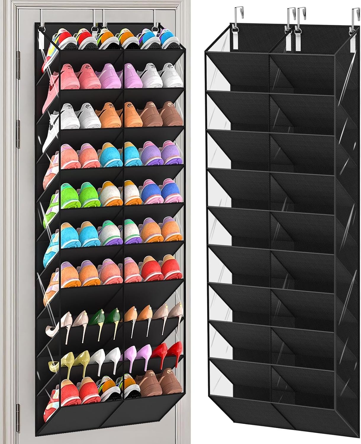 UVIAHOMI 20-30 Pairs Over the Door Shoe Organizer, Clear Pockets Hanging Shoe Storage for Closet, 10-Tier Door Shoes Rack, Handing Shoes Holder Fit All the Family’s Sneakers, Boots, Heels, Black