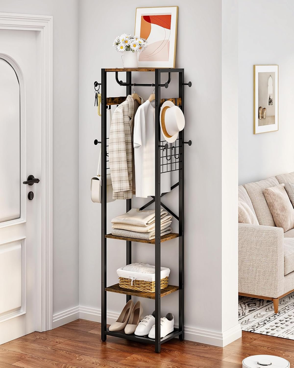 CHOEZON Coat Rack with Shelves, Freestanding Hall Tree, Coat Tree with 16 Hooks and Hanging Rail, Industrial Clothes Stand for Entryway, Hallway, Bedroom, Rustic Brown and Black TYM18BF