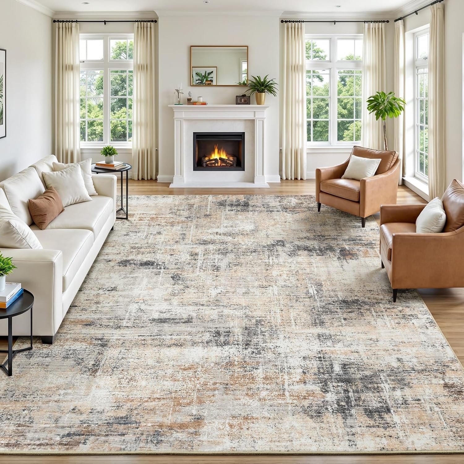 Lofus 8×10 Area Rug for Living Room, Gold Abstract Large Rugs with Non-Slip Backing, Neutral Modern Washable Carpet for Bedroom Dining Room Home Office Nursery Indoor