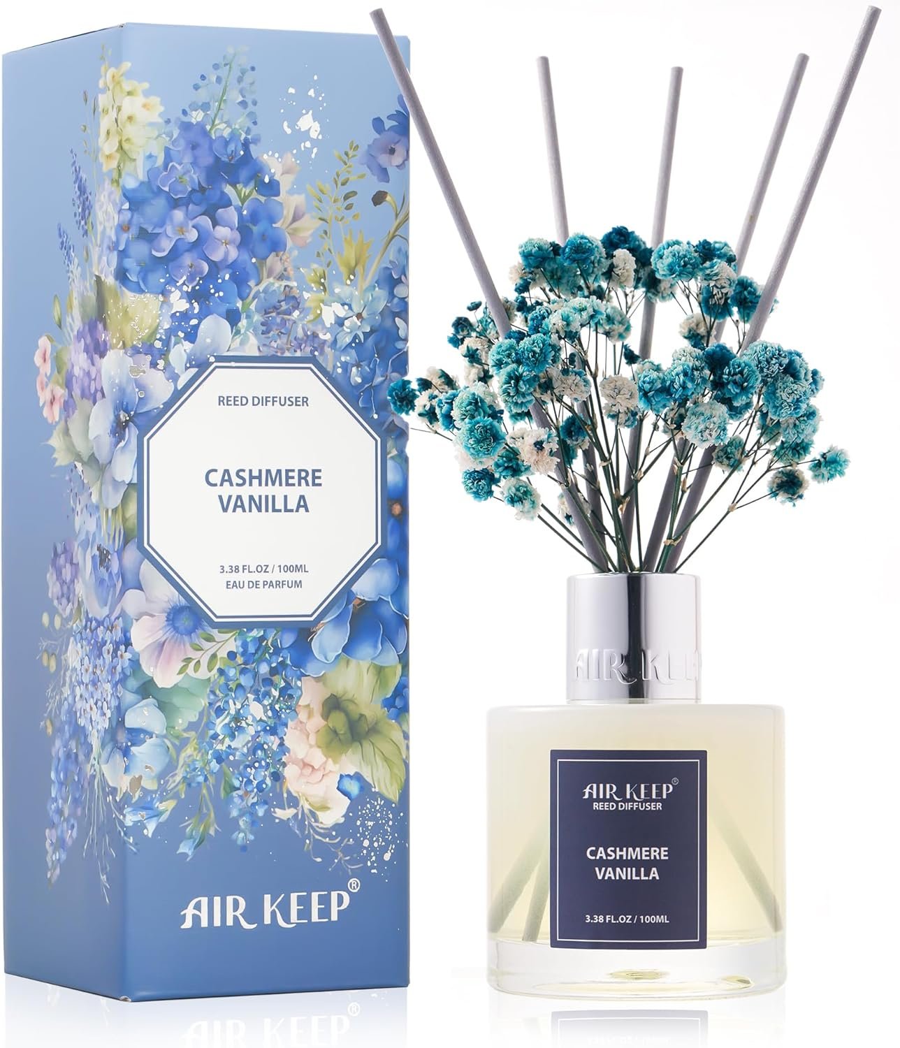 Airkeep Reed Diffuser Set,3.38 fl oz (100 ml) – Cashmere Vanilla Oil Diffusers with 8 Reed Sticks, Home Fragrance Reed Diffuser for Bathroom Shelf Decor