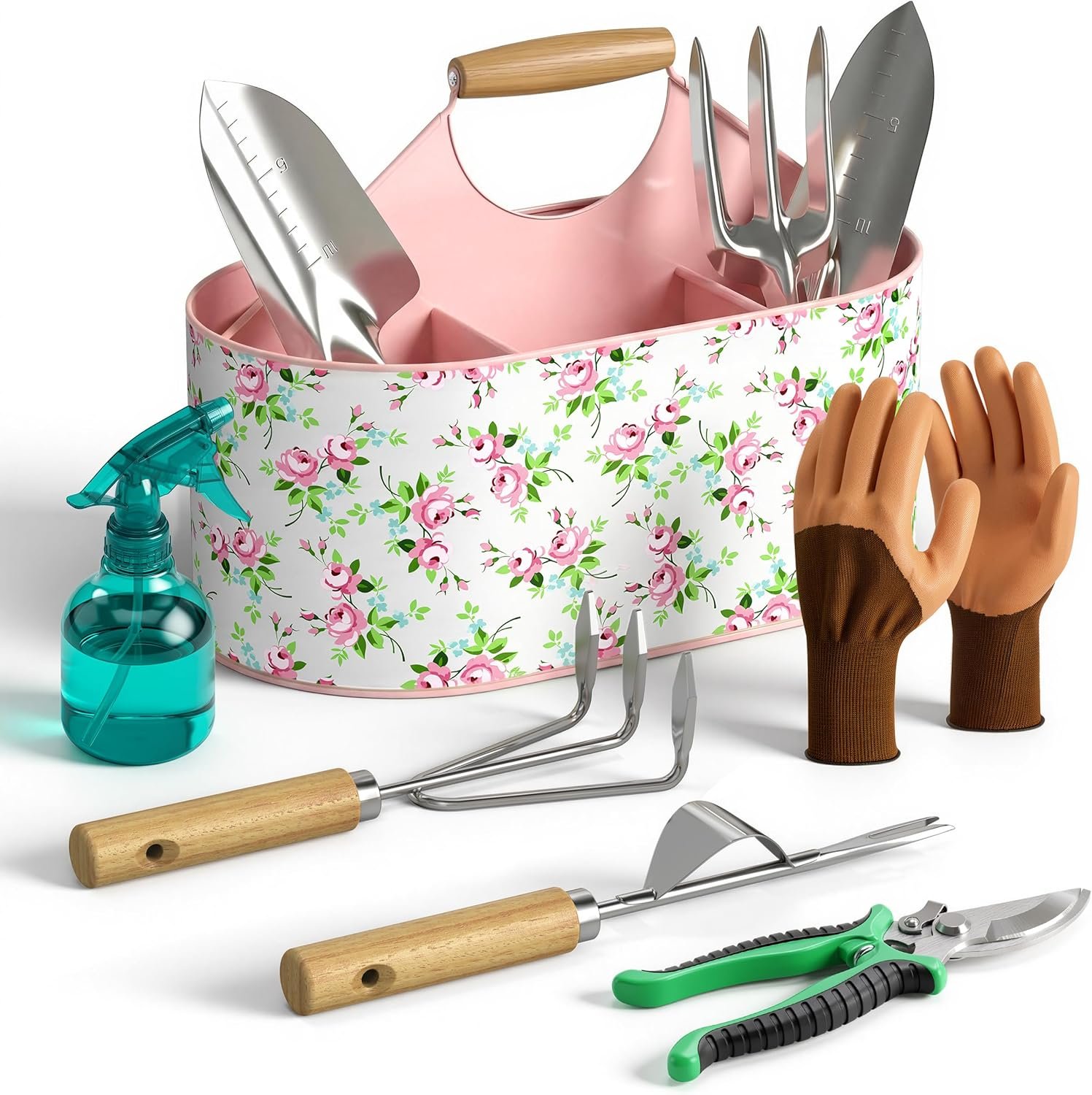 9-Piece Garden Tool Set, Heavy Duty Stainless Steel Rust-Proof Ｇardening Ｋit with Ergonomic Wood Handles, Durable Metal Organizer Basket with 4 Compartments, Gardening Gift for Women, Mother