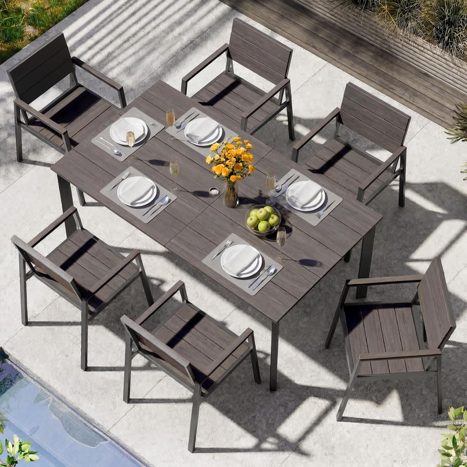 Outdoor Dining Set for 6, Aluminum Patio HDPS Outdooor Table and Chairs Set with Umbrella Hole, All Weather Patio Furniture Set, 7 Peice Patio Dining Table Set (Charcoal)
