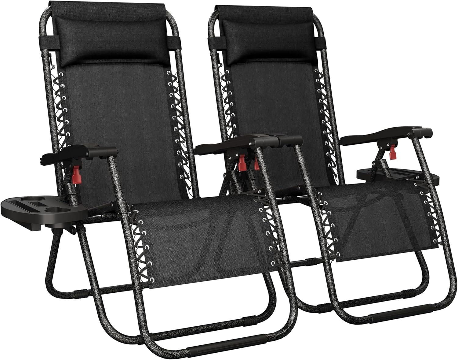 Yaheetech 26″ Zero Gravity Recliners Outdoor Adjustable Folding Reclining Lounge Chairs w/Pillows, Cup Holder Trays and Carry Strap for Patio Backyard Beach New Black Set of 2
