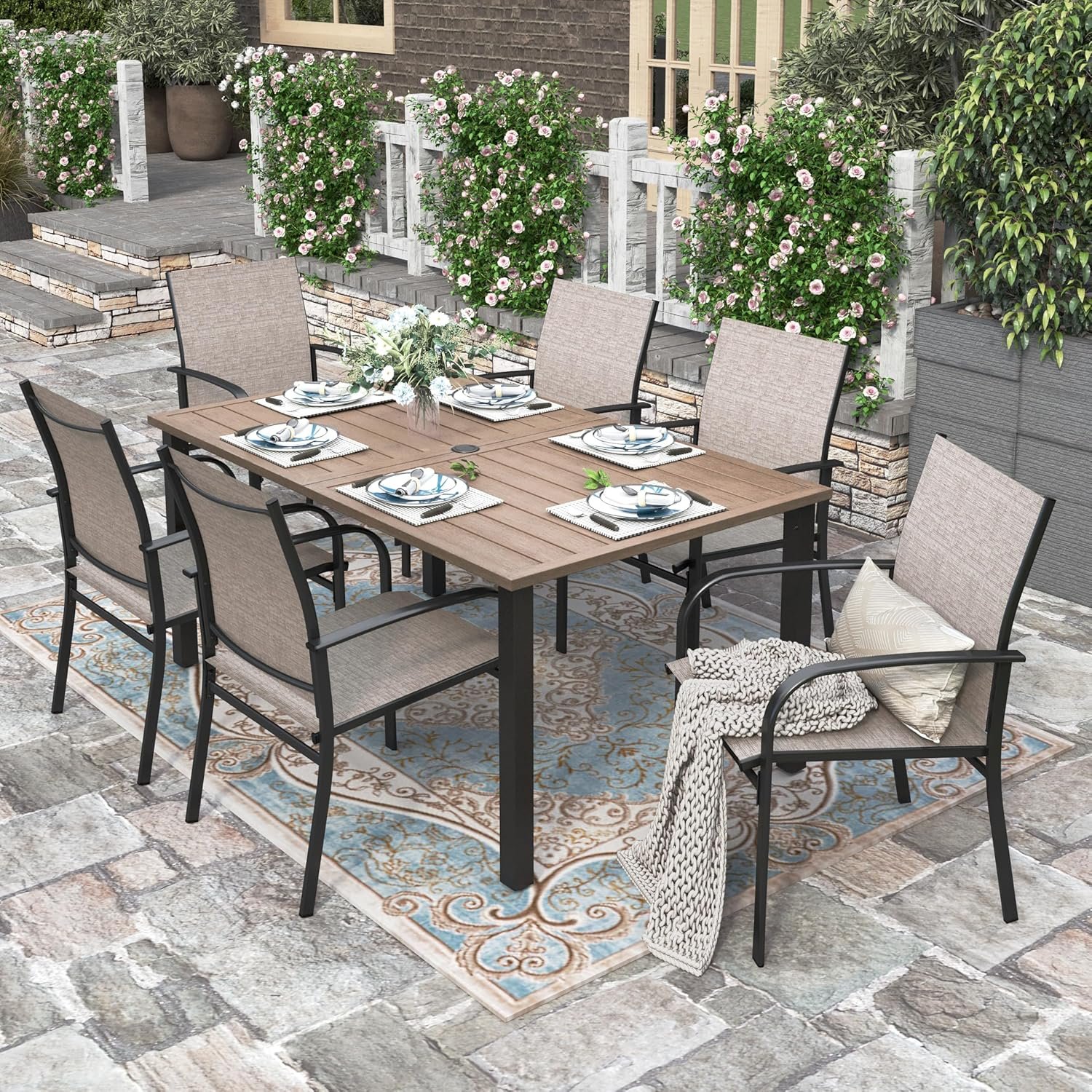 HERA’S HOUSE Patio Table and Chairs for 6, 7 Pieces Outdoor Deck Dining Sets, Wood-Like Rectangular Metal Table Set with Chairs for Lawn Garden Backyard, Brown
