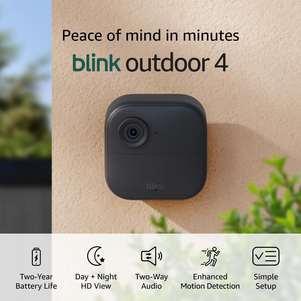 Blink Outdoor 4 – Wireless smart security camera, two-year battery life, 1080p HD day and infrared night live view, two-way talk. Sync Module Core included – 2 camera system