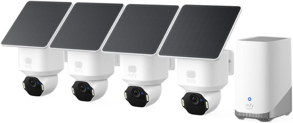 eufy Security SoloCam E42 4-Cam Kit, 4K Security Camera Wireless Outdoor, Solar Powered, AI Motion Tracking, Strobe Light, Pan & Tilt, Facial Recognition, Built-in Local Storage (Up to 16TB)