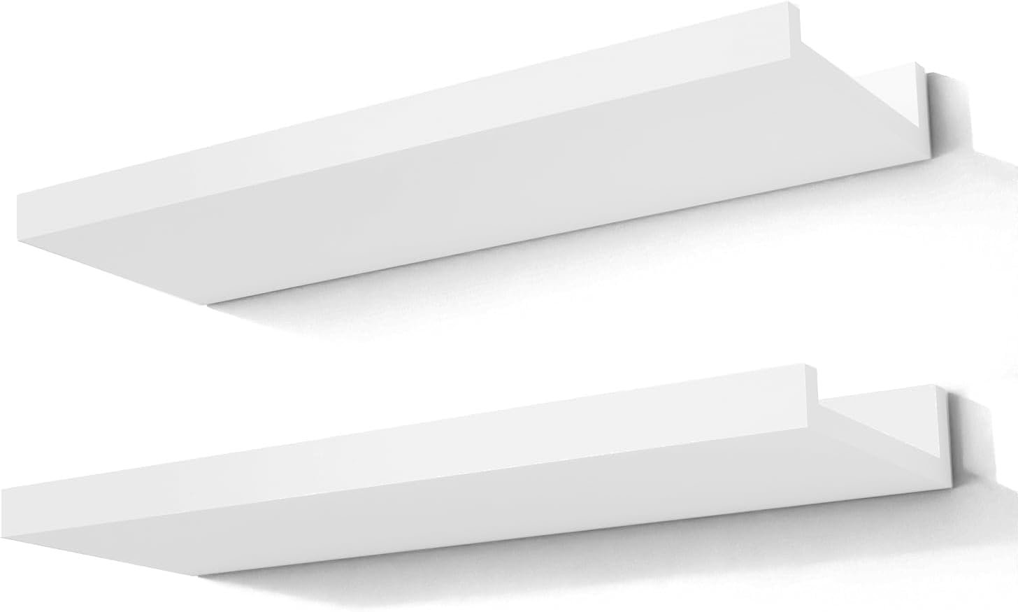 White Floating Shelves for Wall Decor, Wall Mounted Wood Storage Shelf for Bedroom, Living Room, Bathroom, Kitchen, Nursery, Display Picture Ledge Shelf with Lip Set of 2-14 Inches, White