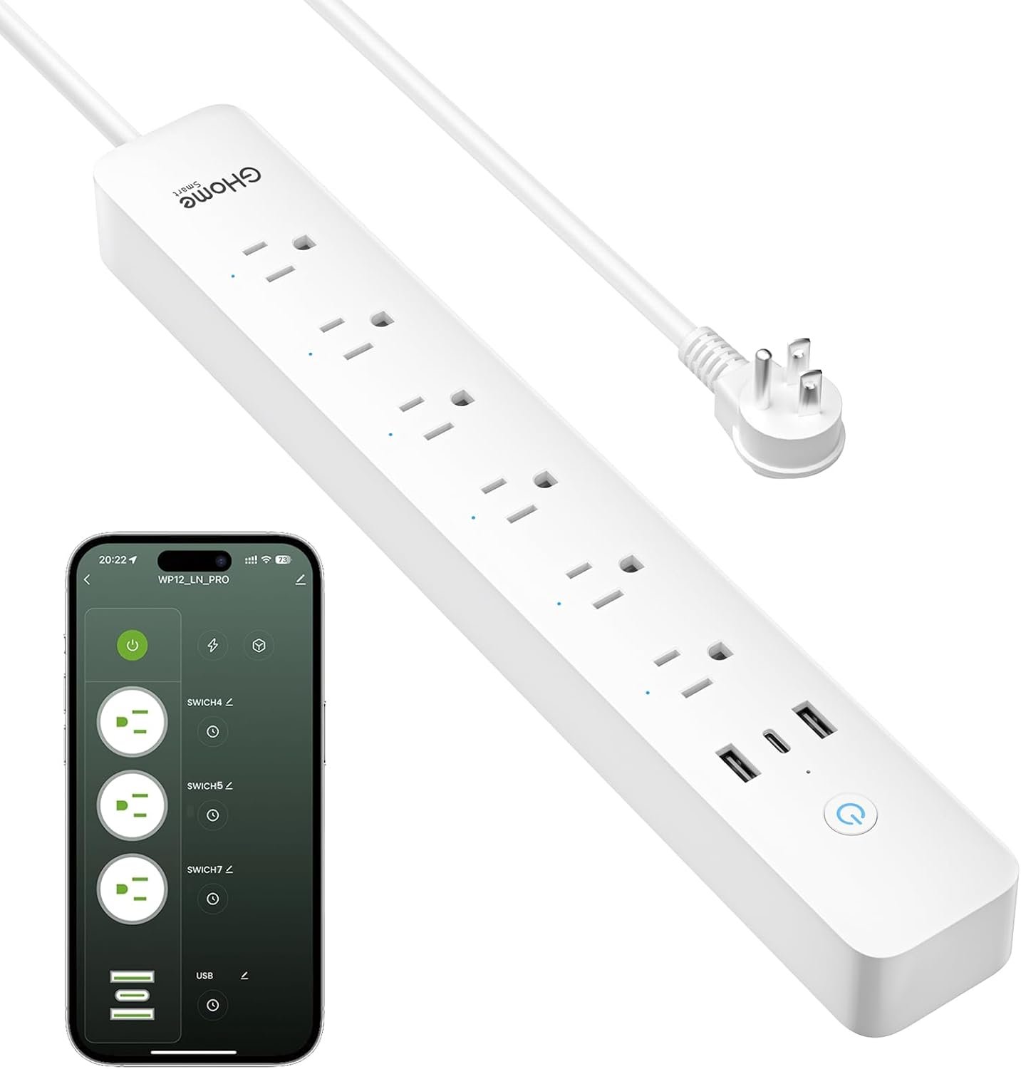 GHome Smart Power Strip 15A, 2.4G WiFi Smart Plugs That Work with Alexa & Google Home, Surge Protector Flat Plug with 6 APP Control WiFi Outlets, FCC Listed, 7.18 Ft Flat Extension Cord, No Hub Needed