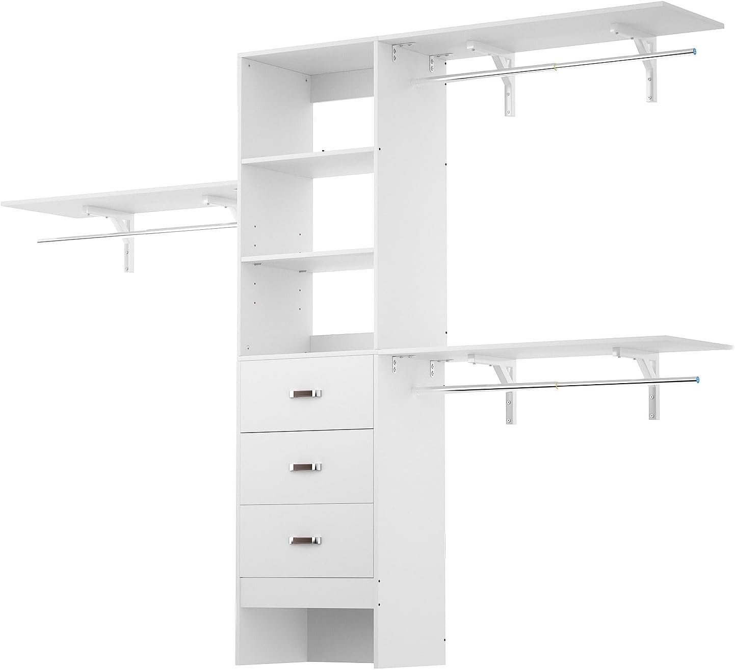 iSunirm 8FT Closet System, 96” Closet Organizer System with 3 Hanging Rods, Wall Mount Bedroom Wardrobe with 3 Drawers Walk-in Closet, Adjustable Cloth Garment Rack from 5 to 8FT (Cut to Fit), White