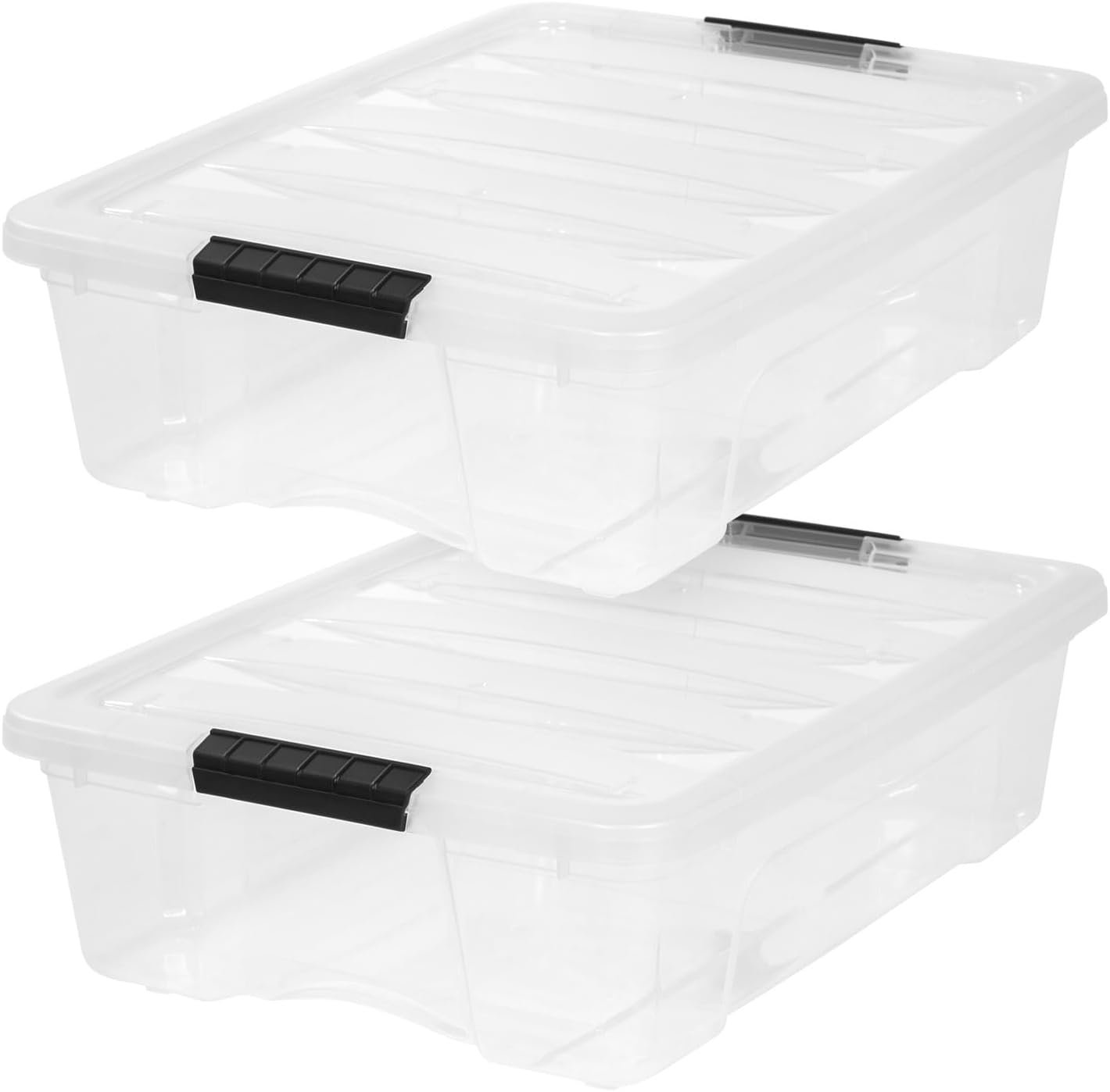 IRIS USA 27 Qt Stackable Plastic Storage Bins with Lids, 2 Pack – BPA-Free, Made in USA – Discreet Organizing Solution, Latches, Durable Nestable Containers, Secure Pull Handle – Clear