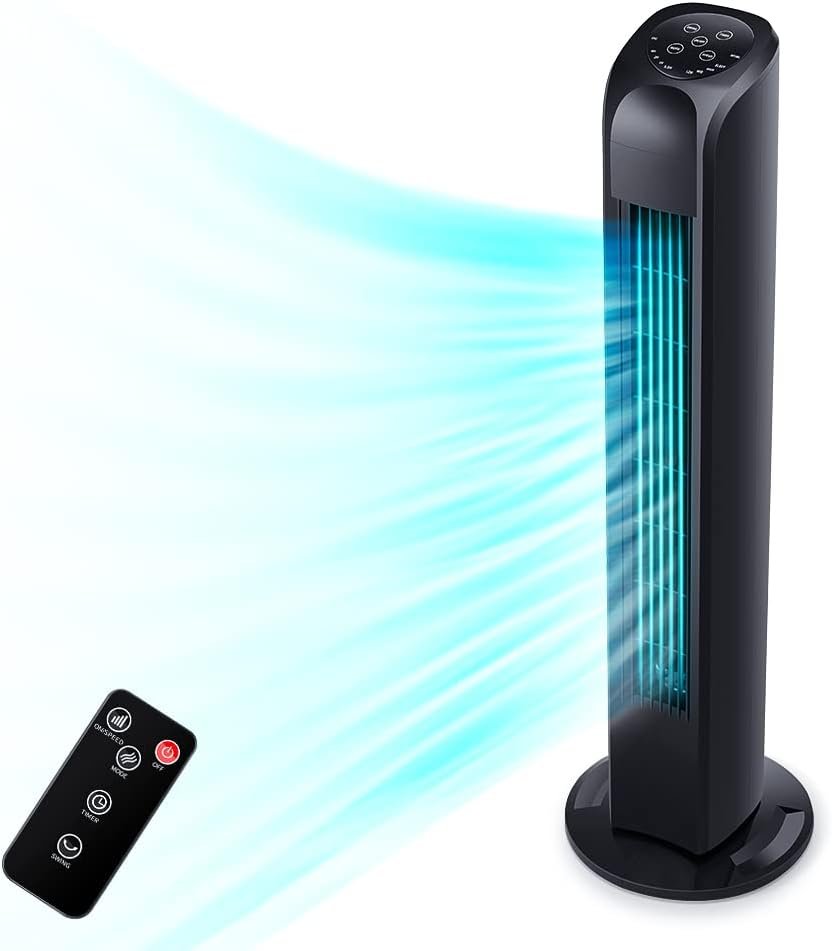 Uthfy Oscillating Tower Fan for Bedroom, Portable Standing Fan with Remote, 3 Modes 3 Speeds, 7.5H Timer, 120° Quiet Cooling for Living room, Office, Black