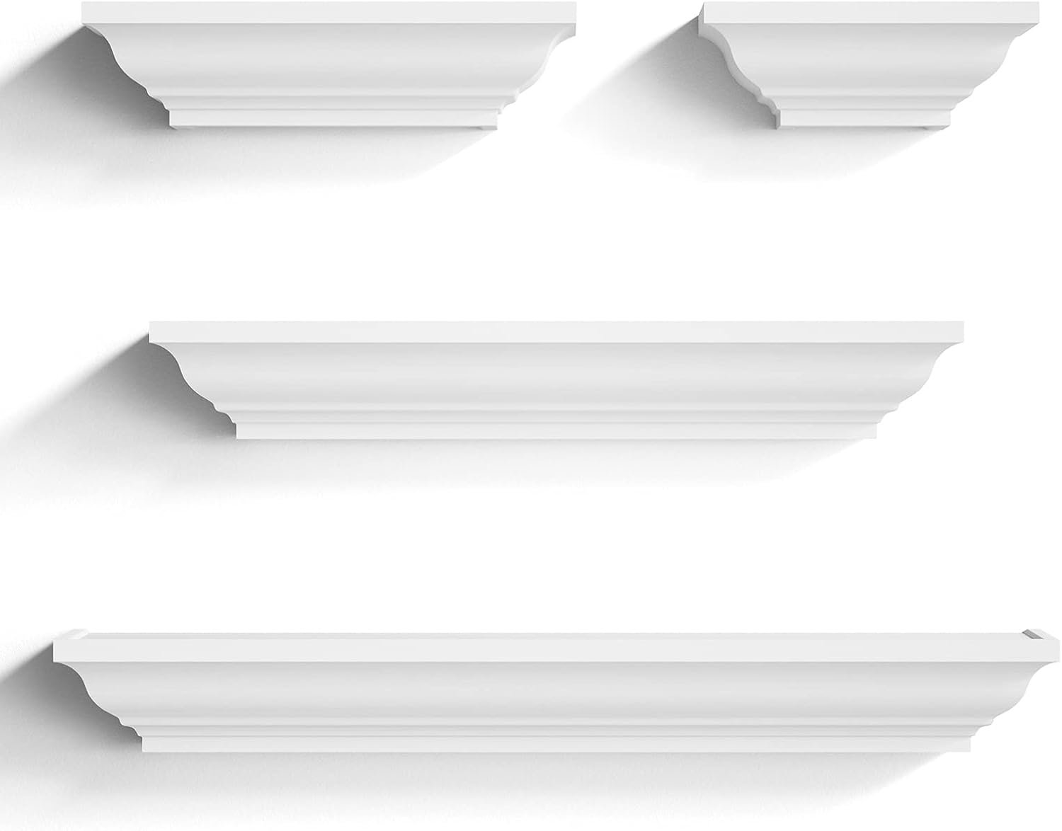 SRIWATANA White Floating Shelves, 24 Inch Solid Wood Storage Wall Shelves Set of 4 Display Ledge Shelves Decor for Bedroom, Living Room, Bathroom, Kitchen