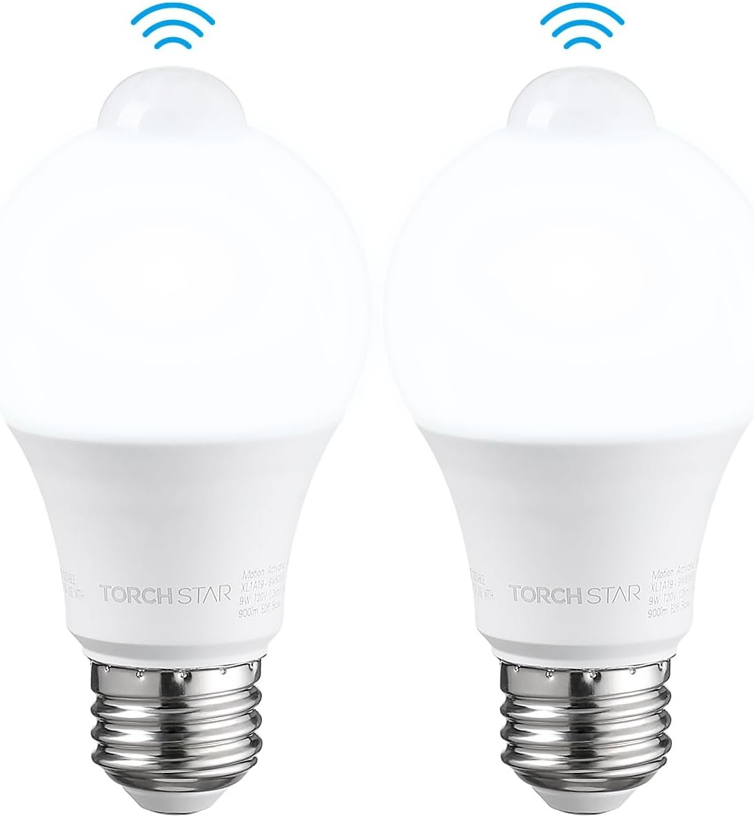 TORCHSTAR 2-Pack A19 Motion Sensor LED Light Bulb, 900LM, E26 6000K | UL FCC DOE Listed, Motion Detector Activated Indoor Light Bulbs, 9W, 60W Equivalent, For Laundry Basement Hallway, Pure White