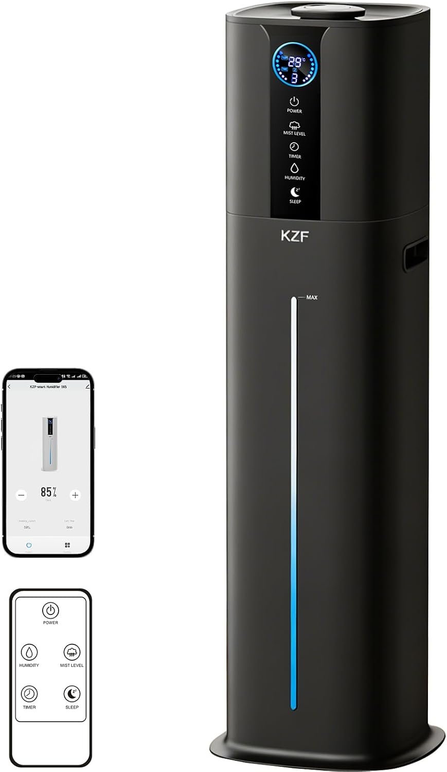 KZF 9L Smart Humidifiers for Bedroom Large Room, 2.3Gal Cool Mist Top Fill Diffuser App & Remote Control, 3 Mist Modes, Quiet Humidifier for Home Office Plant (9L Black App)
