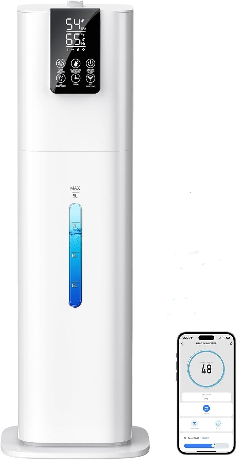 8L/2.1 Gal Smart Humidifier Large Room, Top Fill Cool Mist Humidifiers for Bedroom with App & Remote Control, Night Light, 24H Timer, Aroma Box & 360° Nozzles, Humidifier for Home, Office & Plants
