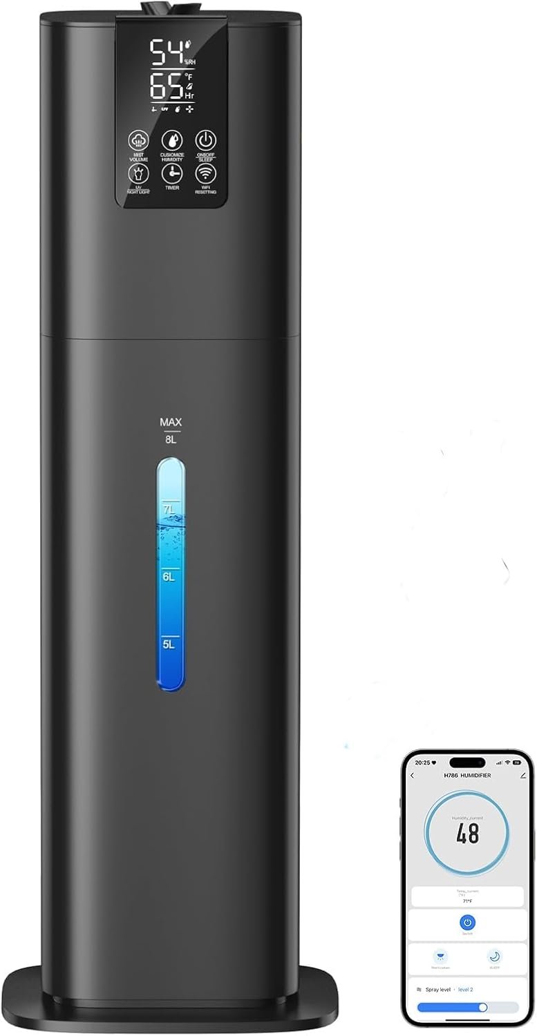 8L Smart Humidifier Large Room Bedroom Home, Quiet Top Fill Cool Mist Humidifier with Diffuser, Night Light, 3 Speed Humidifiers with 360° Nozzle, Timer, Humidity Setting for Plants Office Yoga Baby