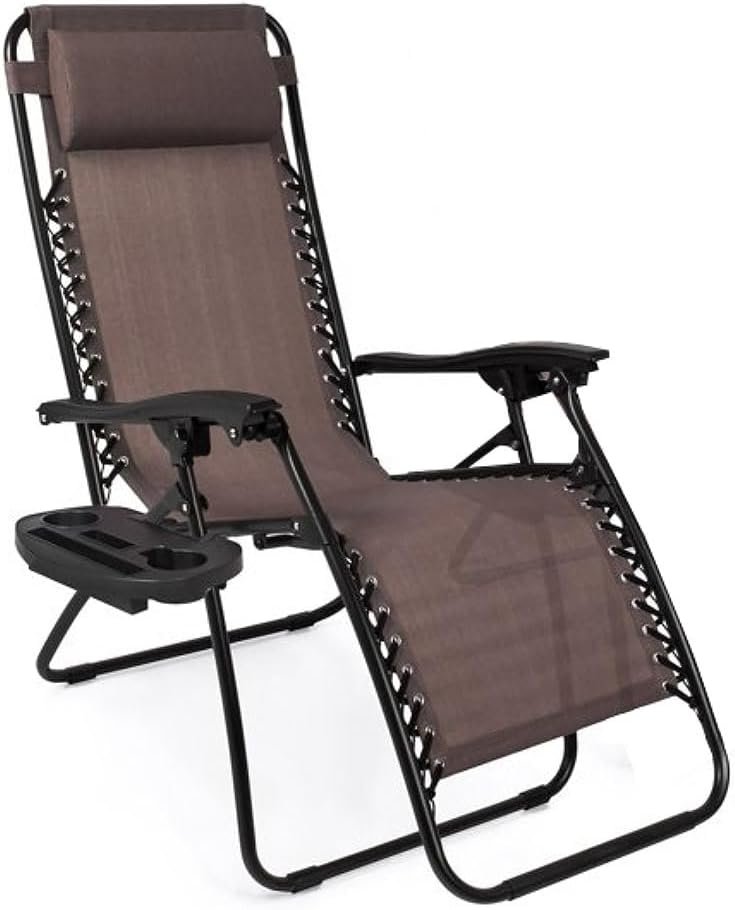 EZONE (1-Chair) Zero Gravity Lounge Chair Outdoor Adjustable Reclining Patio Chair Steel Mesh Folding Recliner for Pool Beach Camping Lounge Chair with Pillow and Cup Tray (1, Brown)