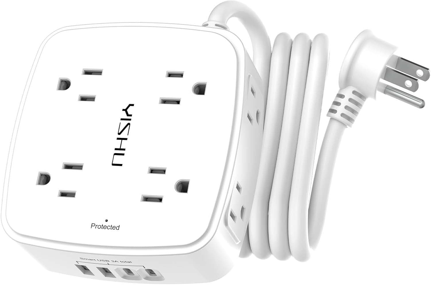 6 Ft Surge Protector Power Strip – 8 Widely Outlets with 4 USB Ports, 3 Side Outlet Extender with 6 Feet Extension Cord, Flat Plug, Wall Mount, Desk USB Charging Station, ETL,White
