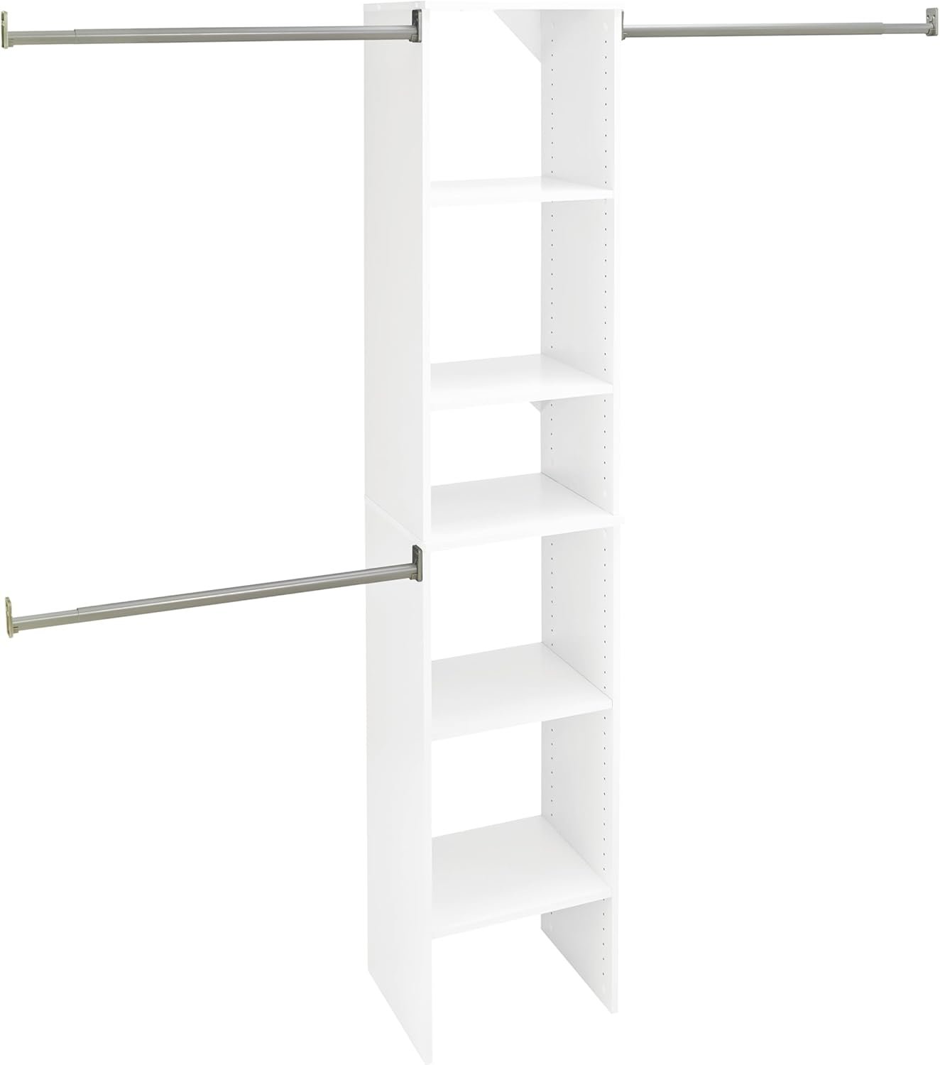 ClosetMaid SuiteSymphony Small Closet Organizer Starter Kit with Tower and 3 Hang Rods, Shelves, Adjustable, Customizable Wardrobe Organizer System, Reach-In or Walk-In Closets, Pure White
