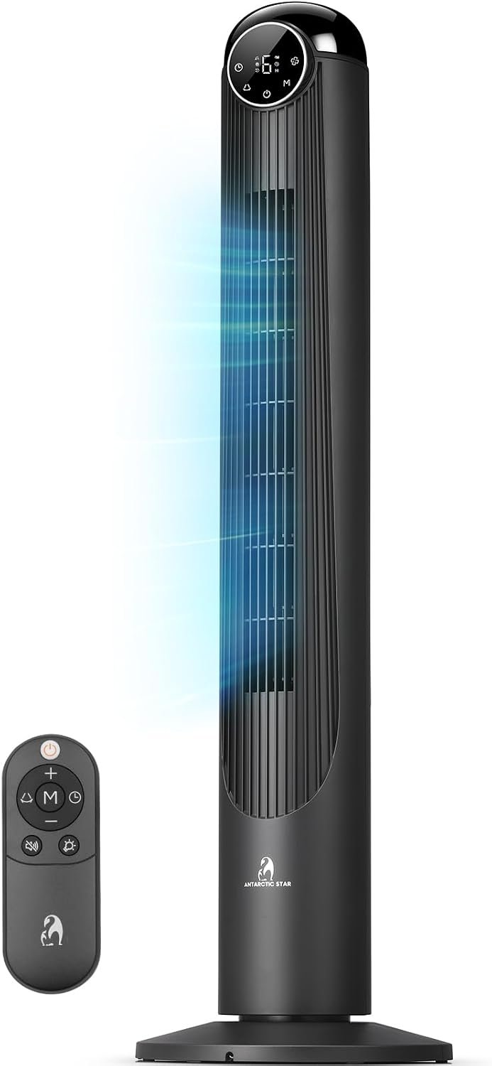 Antarctic Star T42 Tower Fan-42 Inch, Bladeless Oscillating Fan with Remote, 6 Speeds & 4 Modes, LED Display, 9H Timer, Quiet Floor Standing Fan for Bedroom Living Room Office, Black