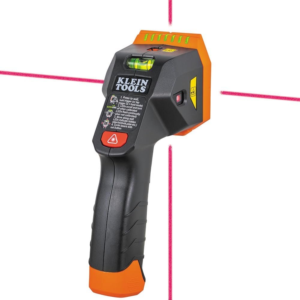 Klein Tools ESF150LL Electronic Stud Finder with Cross-Line Lasers, Bubble Level, Laser Class 3R; ≤5mW; 15-Foot in All Directions, for Wood and Metal Studs, LED and Audio Alert, Batteries Included