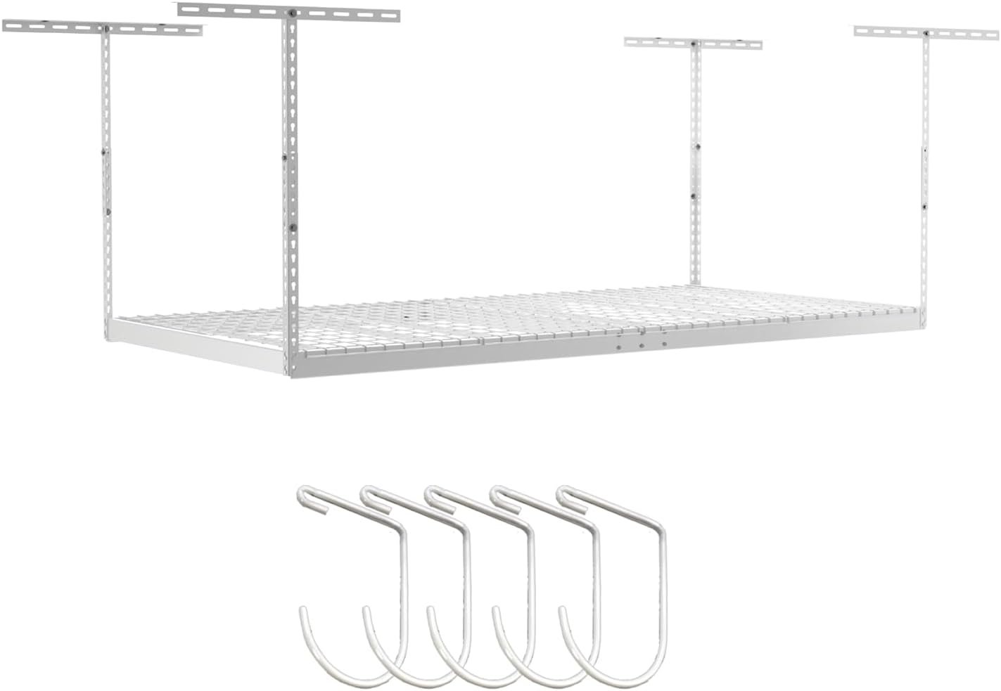 SafeRacks 4 ft x 8 ft Overhead Storage Rack Adjustable 24 in – 45in Height (White) With Accessory Pack With 5-Piece Hook Accessory Pack