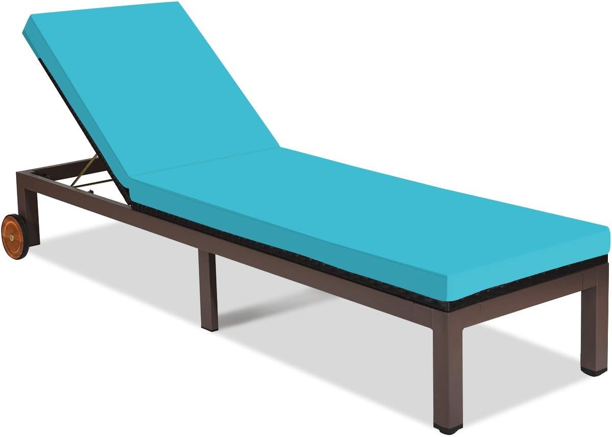Tangkula Patio Chaise Lounge Chair, Outdoor Rattan Lounger Recliner Chair with Wheels, Wicker Chaise Chair W/Cushioned Seating, Recliner 5-Position Adjustable for Garden Patio Poolside (1, Turquoise)