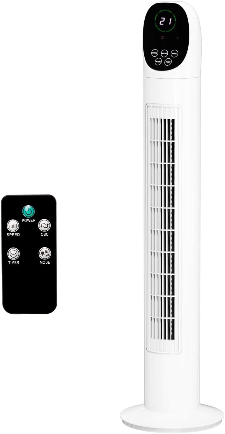 ROVSUN 34″ Tower Fan with Remote Control, Bladeless Floor Fan with 3 Modes 3 Speeds & Digital Display, Standing Fan with Oscillating, 9H Timer, Quiet Fan for Cooling Bedroom, Home, Office