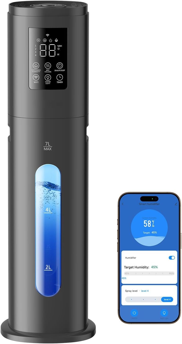 Smart Humidifiers for Bedroom Large Room with Smart App & Remote Control, 7L/1.85Gal Room Humidifier, 4 Mist Levels Large Humidifier for Home Graphite