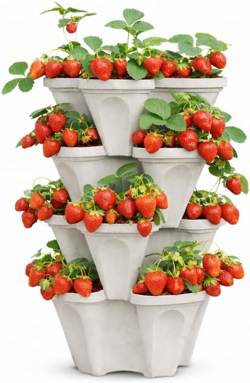 Vertical Garden Planter 4 Tier Stackable System 16 Plants, Space Saving Herb, Strawberry & Food Crop Planter with Center Support Hole for Indoor Outdoor Gardening (4, Stone, Small)