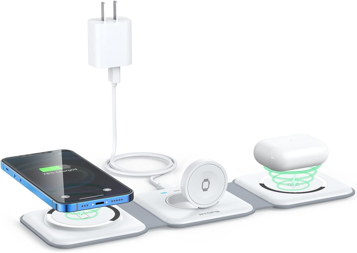 Wireless Charger 3 in 1,RTOPS Magnetic GaN Traval Wireless Charging Station Compatible with Apple Magsafe Multiple Devices for iphone17/16/15/14/13/Pro/Max,iWatch,AirPods4/3/2/Pro(Adapter Includes)