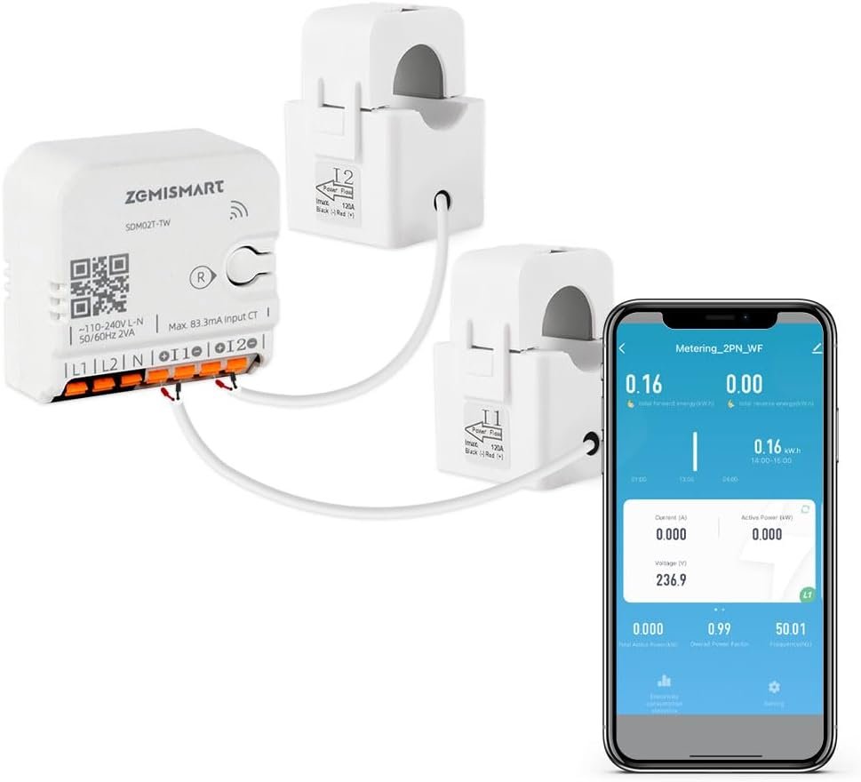 Smart Home Energy Monitor with 2 x 120A CTs, Live Electricity Usage Tracking, Bi-Directional Power Tracking, Supports Single-Phase 3-Wire System, 2.4GHz Wi-Fi (WiFi Version)