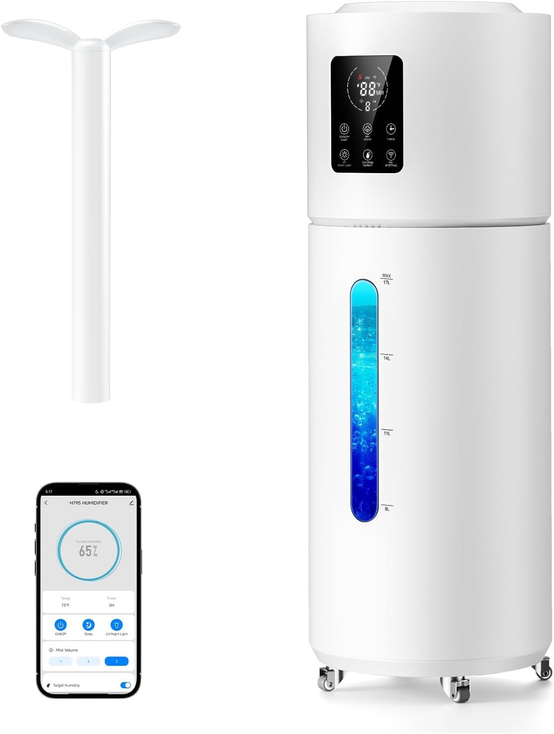 17L/4.5Gal Smart Humidifier Large Room, 120H Cool Mist Humidifiers for Bedroom up to 1800 sq ft with App & Remote, Extension Tube, Aroma Box, 8H Timer, Night Light & Top Fill for Home, Office & Plants