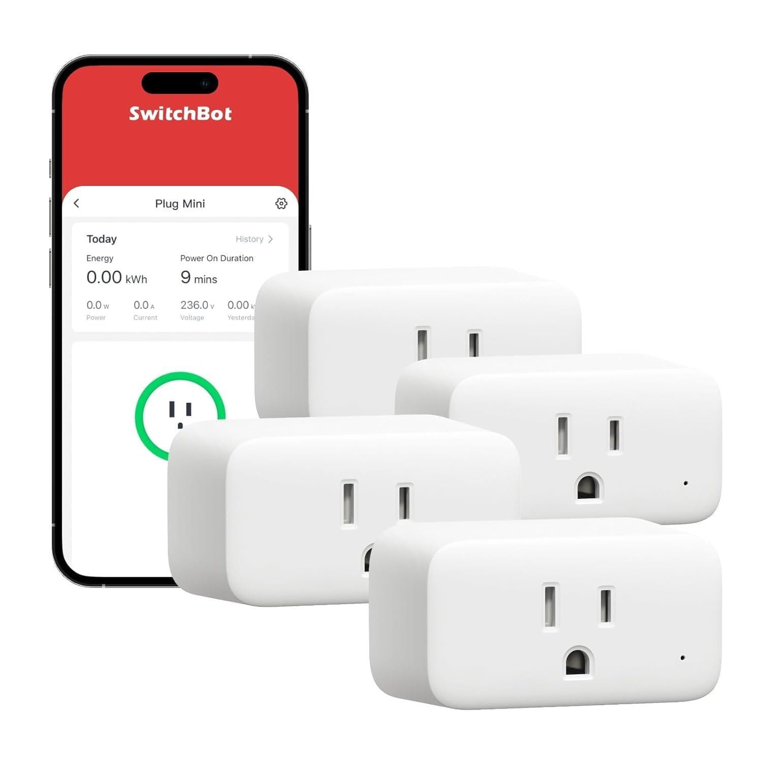 SwitchBot Smart Plug Mini, 15A Energy Monitoring, WiFi & Bluetooth Outlet, Compatible with Alexa, Google Assistant, Home Assistant, App Control, Timer Function, No Hub Required, Compact Design