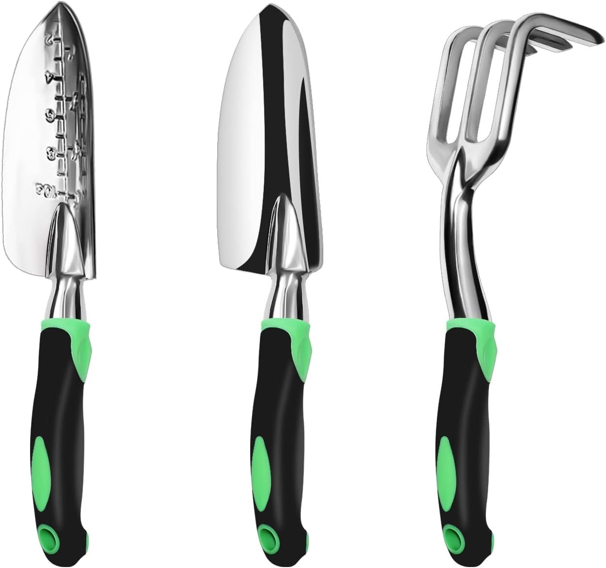 Garden Tool Set, 3 Pack Aluminum Heavy Duty Gardening Kit Includes Hand Trowel, Transplant Trowel and Cultivator Hand Rake with Soft Rubberized Non-Slip Ergonomic Handle, Garden Gifts