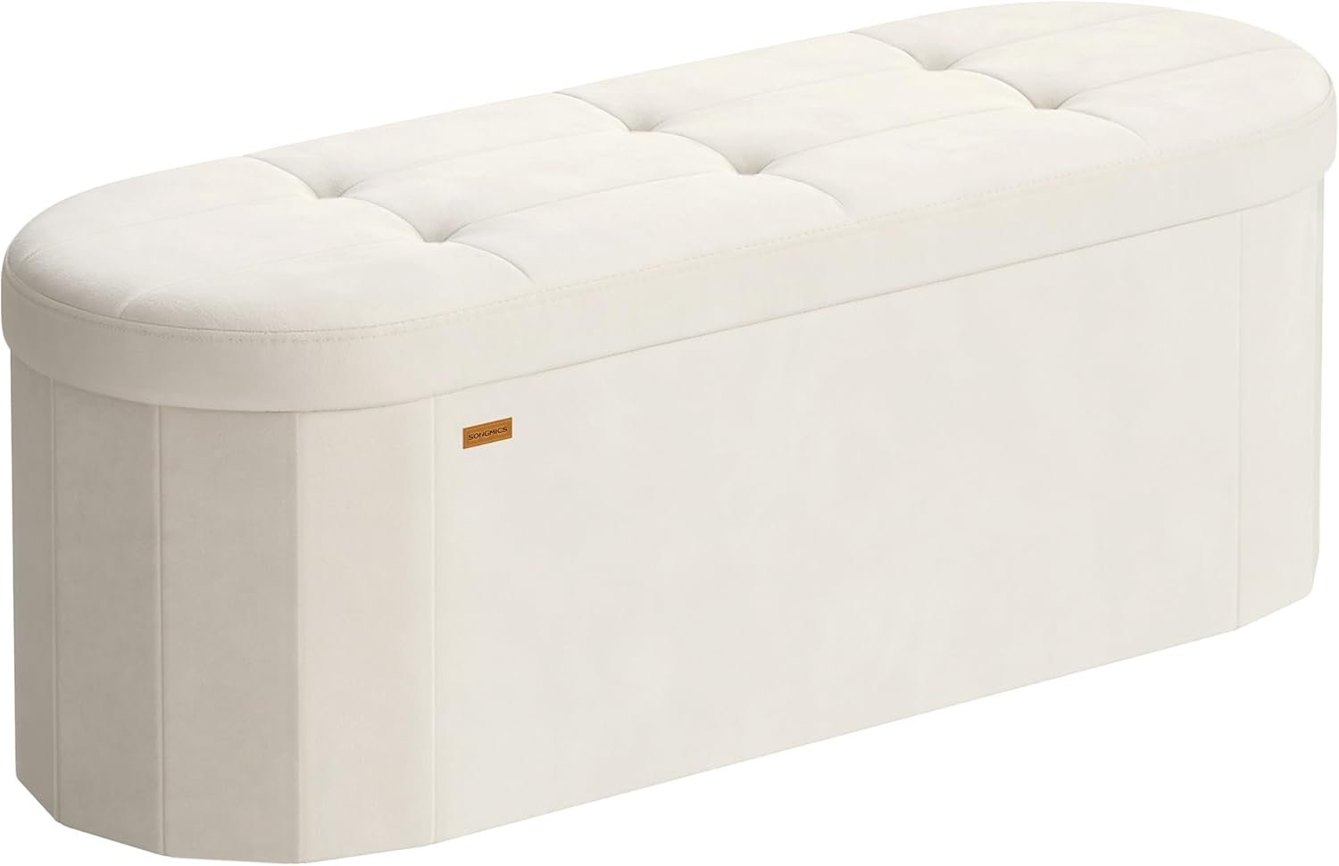 SONGMICS Mazie Collection – Folding Ottoman with Storage, Oval Storage Ottoman Bench, for Living Room, Bedroom, Velvet Fabric, 15 x 43 x 15 Inches, Cream White ULSF297LH01