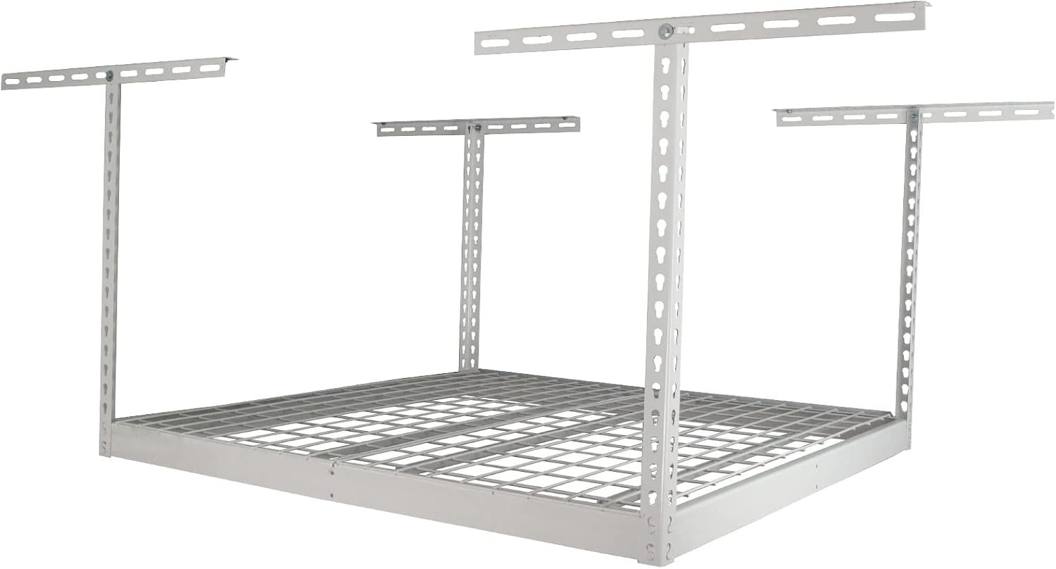 SafeRacks Overhead Garage Storage Rack – Heavy Duty Racks for Garage with 250 lb Capacity, Easy Garage Shelving, Adjustable Storage Rack, Ceiling Mount Storage Shelves 4×4 White (24″-45″)