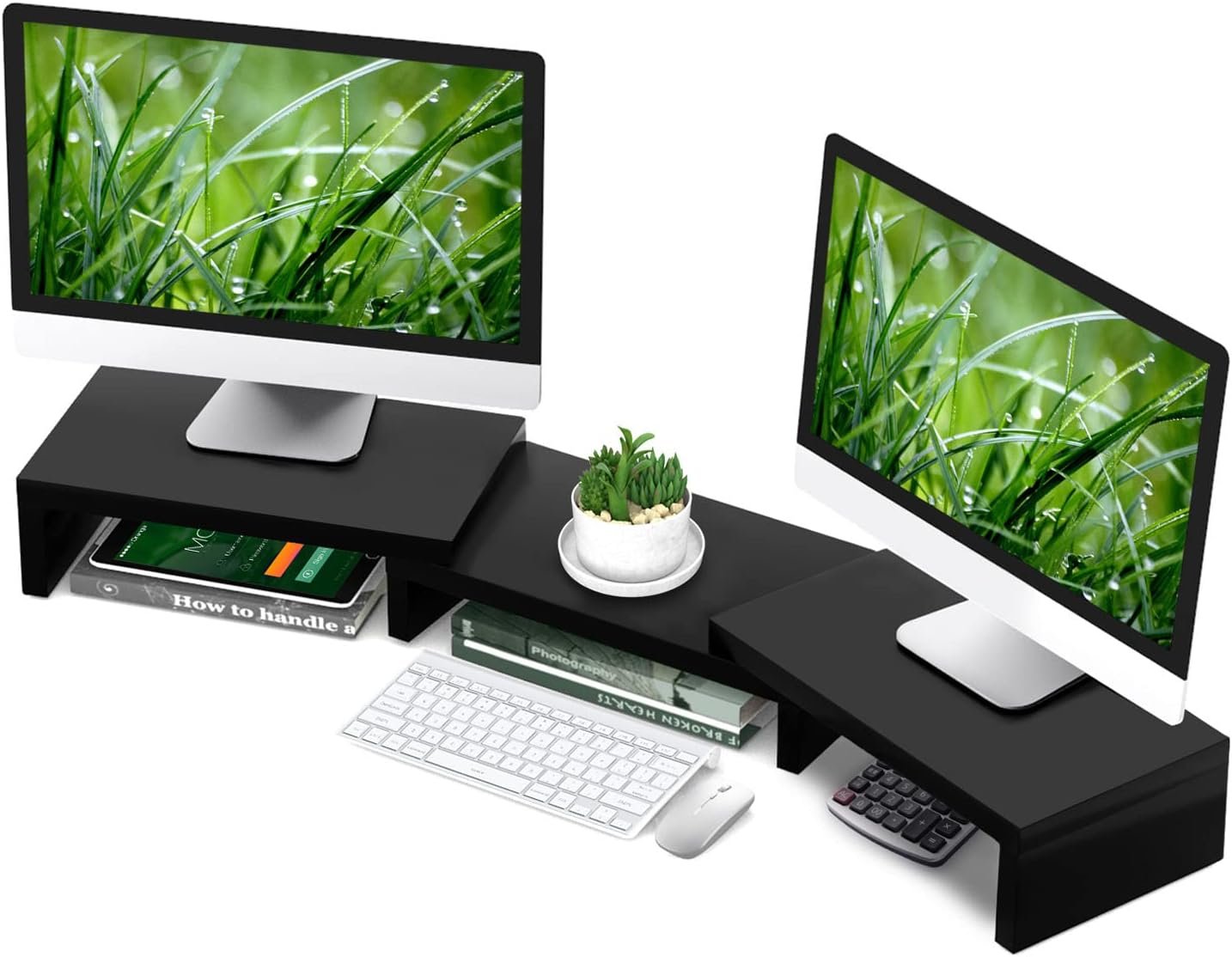 TAVR Monitor Stand Riser, Office Desktop Organizer Stand for 2 Monitors | Adjustable Length and Angle 3 Shelf, Extra Long Multifunctional Wooden Stand up to 43.3″ fit Computer, Laptop, TV, Black