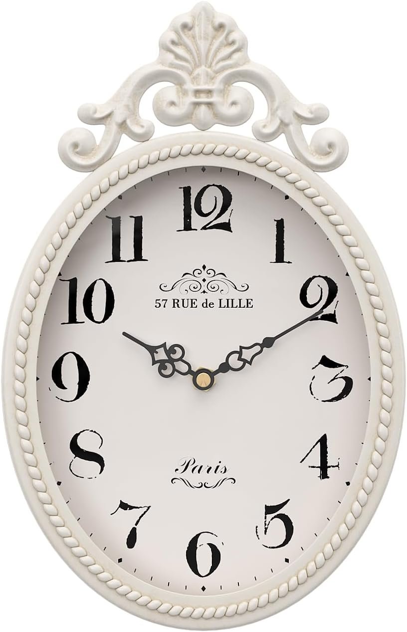 Abdurey Small French Retro Decor Wall Clock, Ivory White Vintage Oval Style | Silent Battery Operated Boho Decorative Wall Clocks for Farmhouse,Kitchen,Bedroom,Bathroom(10.4″H x 6.7″W)