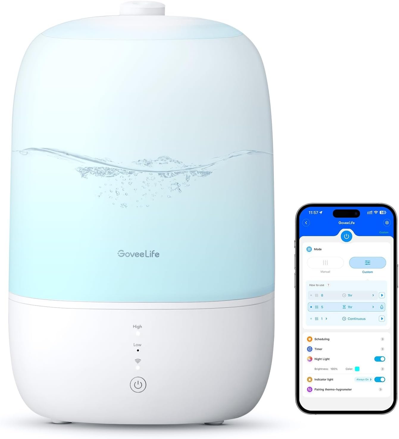GoveeLife Smart Humidifiers for Bedroom, 3L Top Fill Cool Mist Humidifier, 24dB Quiet Runtime, Humidity Control, WiFi Air Humidifier with Night Light, for Baby, Plants, Home, Work with Alexa