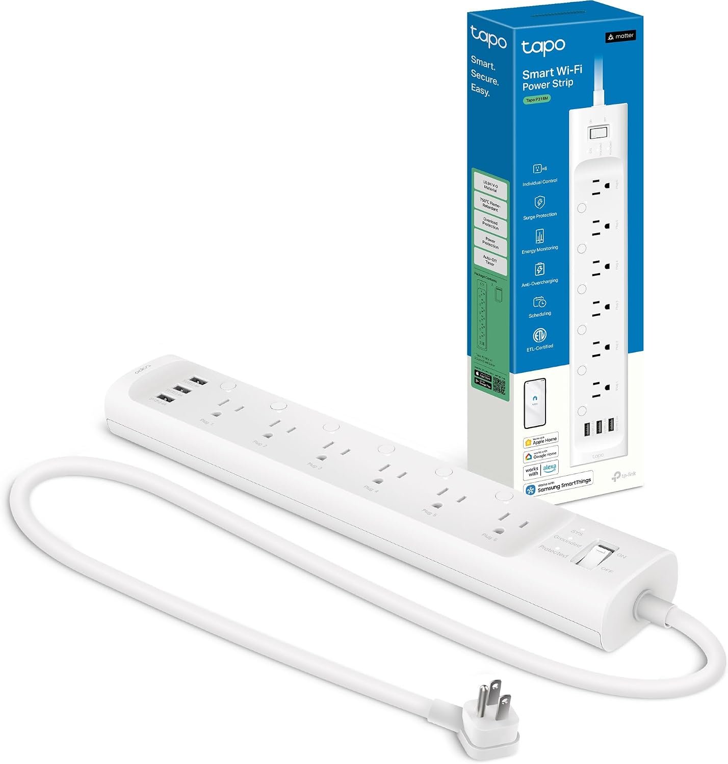 Tapo Smart Wi-Fi Power Strip – Matter Compatible, Energy Monitoring, Surge Protection, 6 Individually Controlled Outlets & 3 USB Ports, Works with Alexa, Google Assistant, Siri & Bixby – Tapo P316M