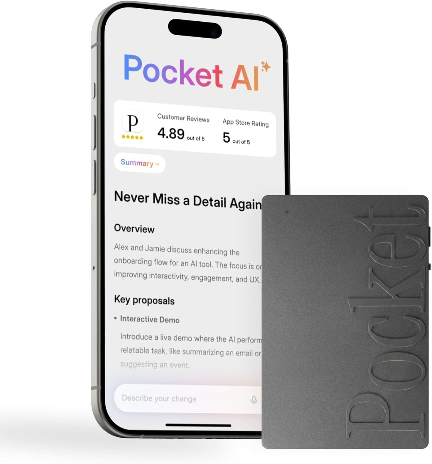 Pocket AI Voice Recorder & Smart Assistant – Auto Transcription, Summaries & Action Items – AI Note Taker for Meetings, Calls & Productivity – Space Grey
